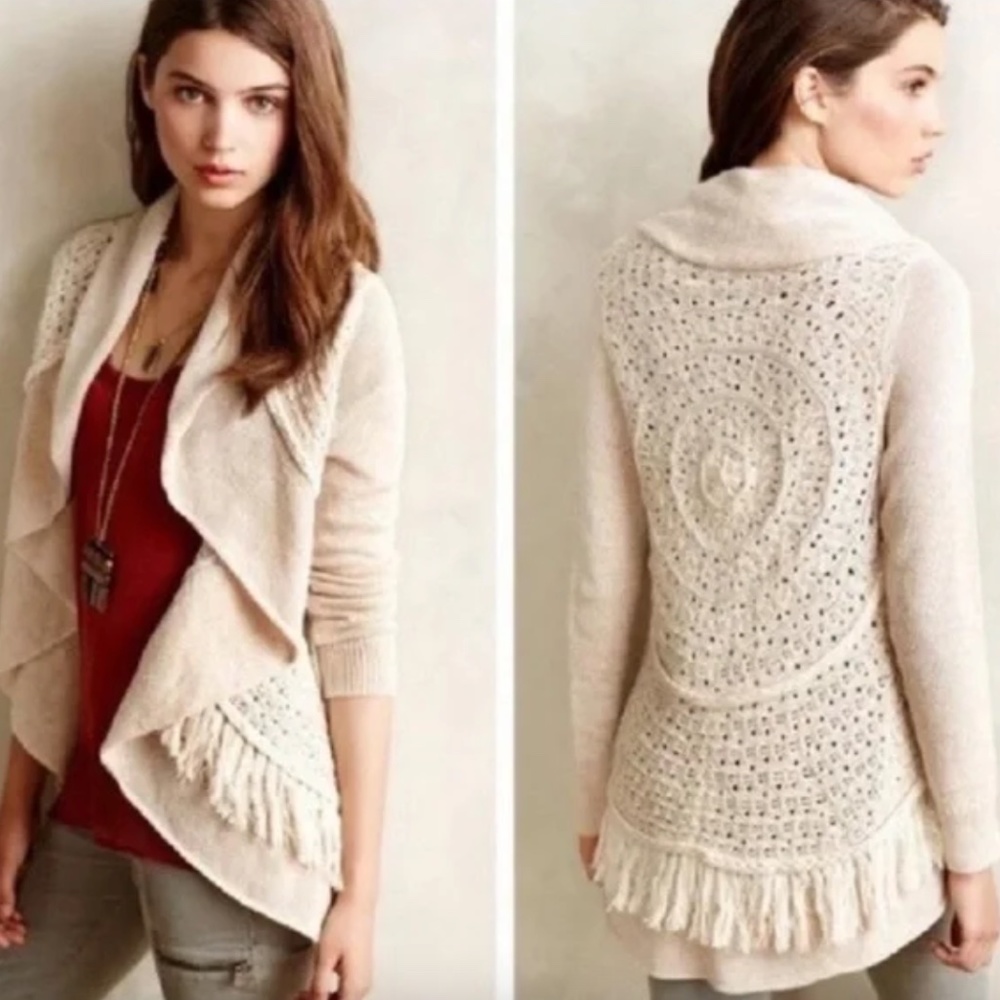 Anthropologie Knitted & Knotted Fringe Crochet Cardigan Size M